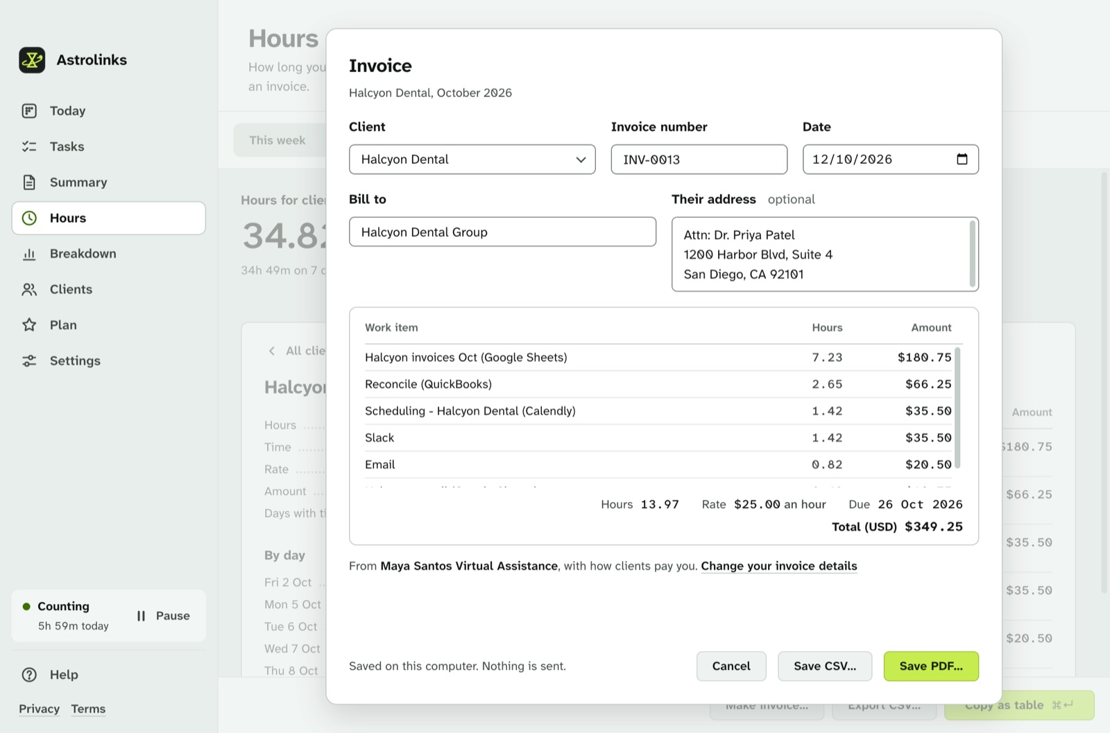 An invoice for Halcyon Dental made from the month’s hours, ready to save as PDF