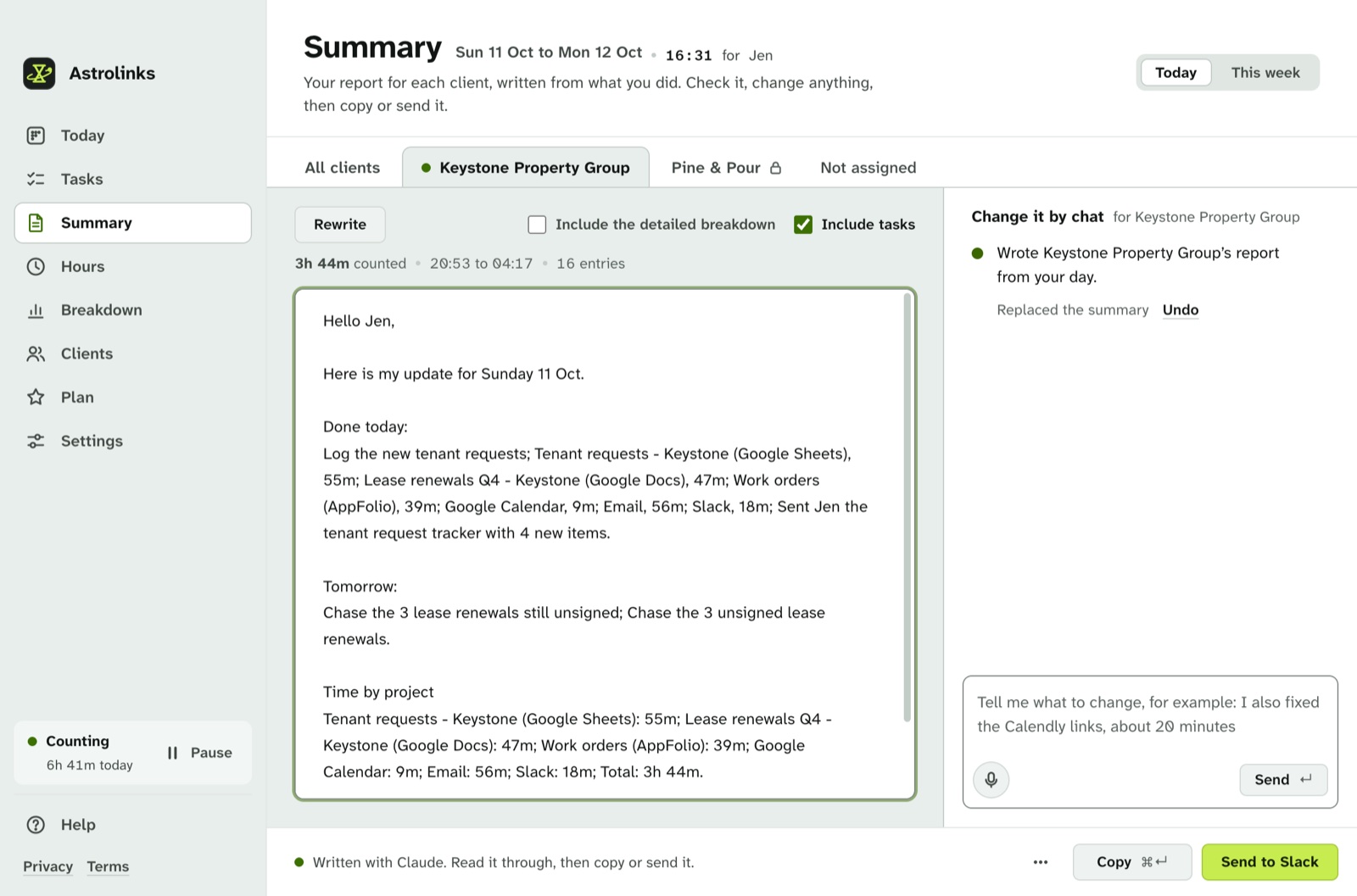 A night-shift report for a US client, written with Astrolinks AI, with times in their zone