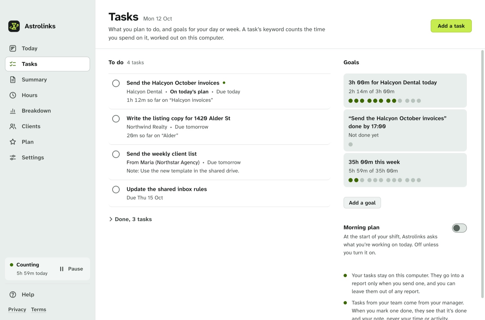 The Tasks page with tasks, the time so far on each, and goals filling in as dots